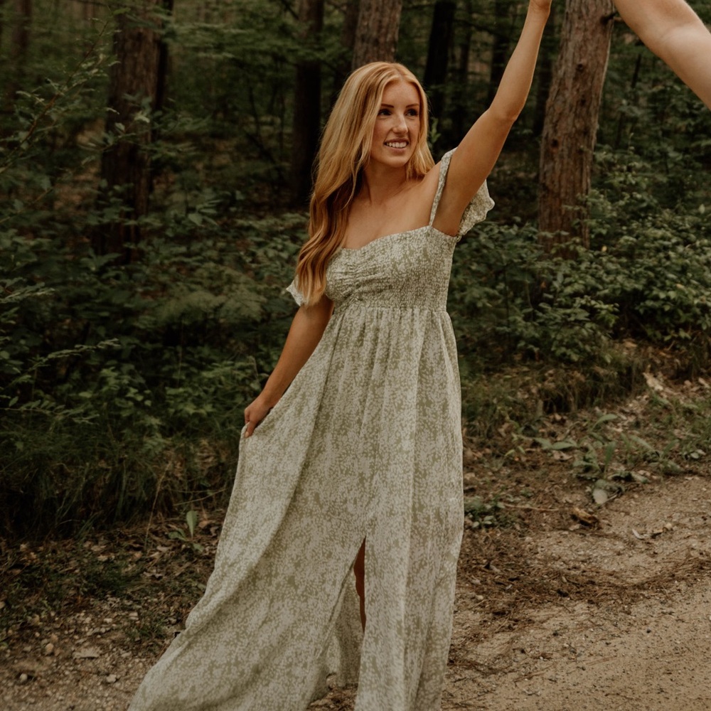 Light Green Pattern Dress Drop Shoulders